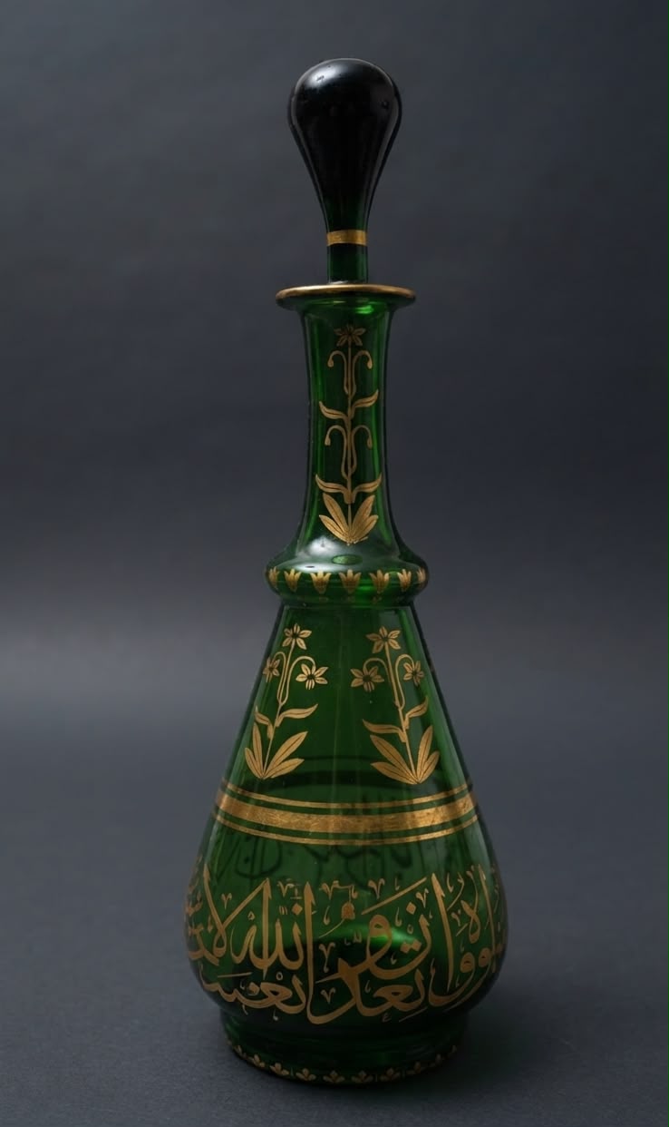 Islamic green glass decanter inscribed quran verses.